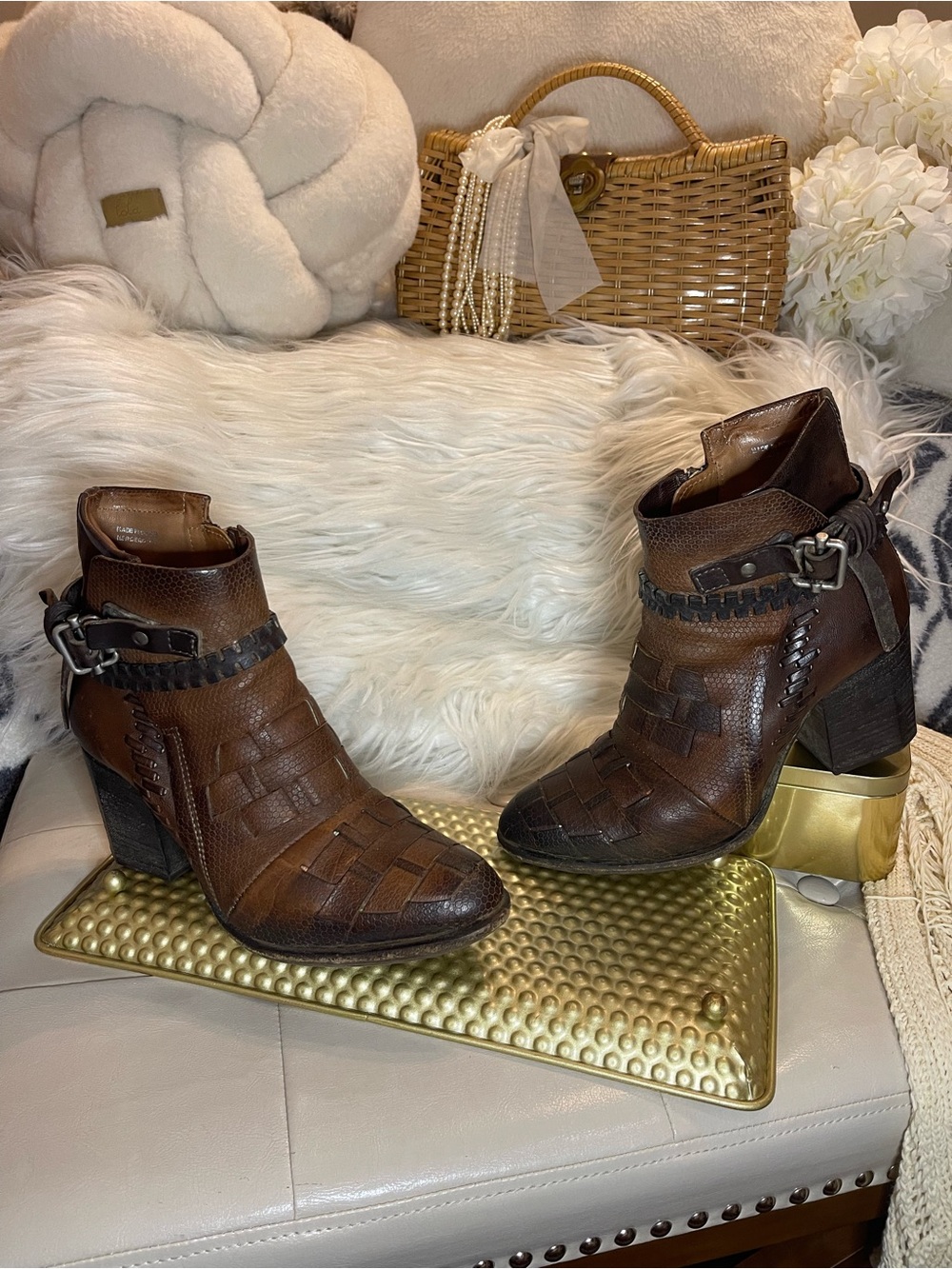 A.S.98 Brown leather booties with handcrafted woven texture and buckle detail
